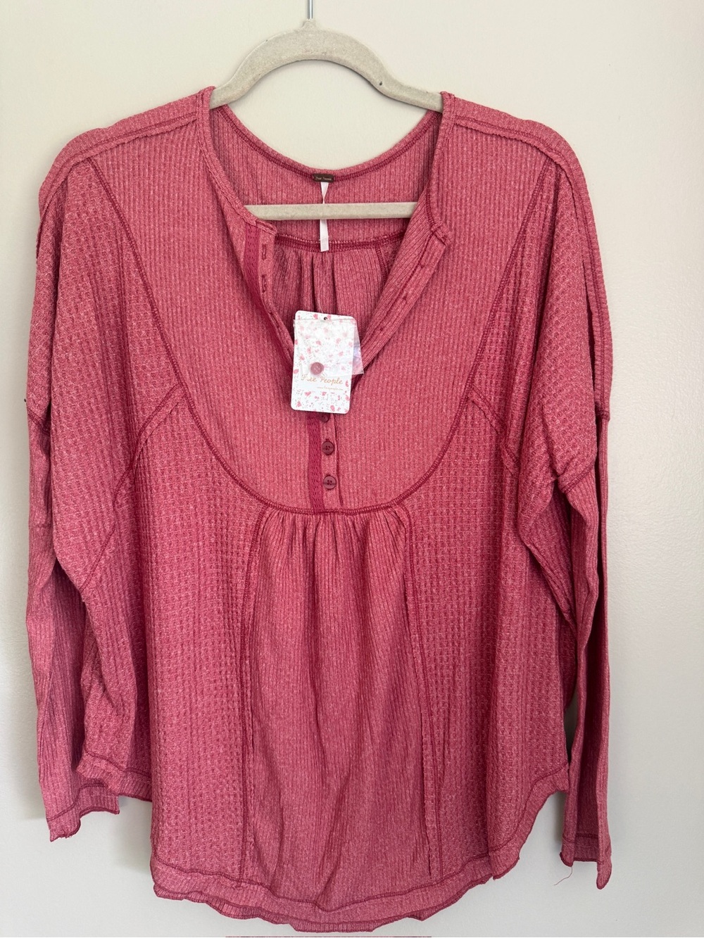 NWT Free People Women's Long Sleeve Waffle Henley Top - Dusty Rose, size XS